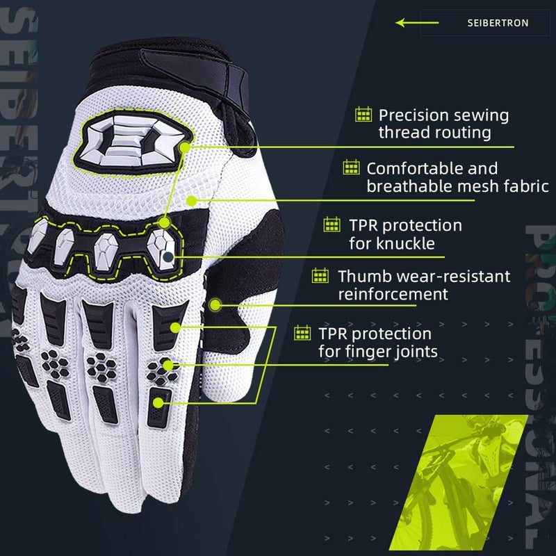 Seibertron Unisex MX ATV MTB Racing Gloves - Full Finger Touchscreen Glove for Bicycle Cycling Mountain Biking Motorcycle and Motocross White XS - Image 3